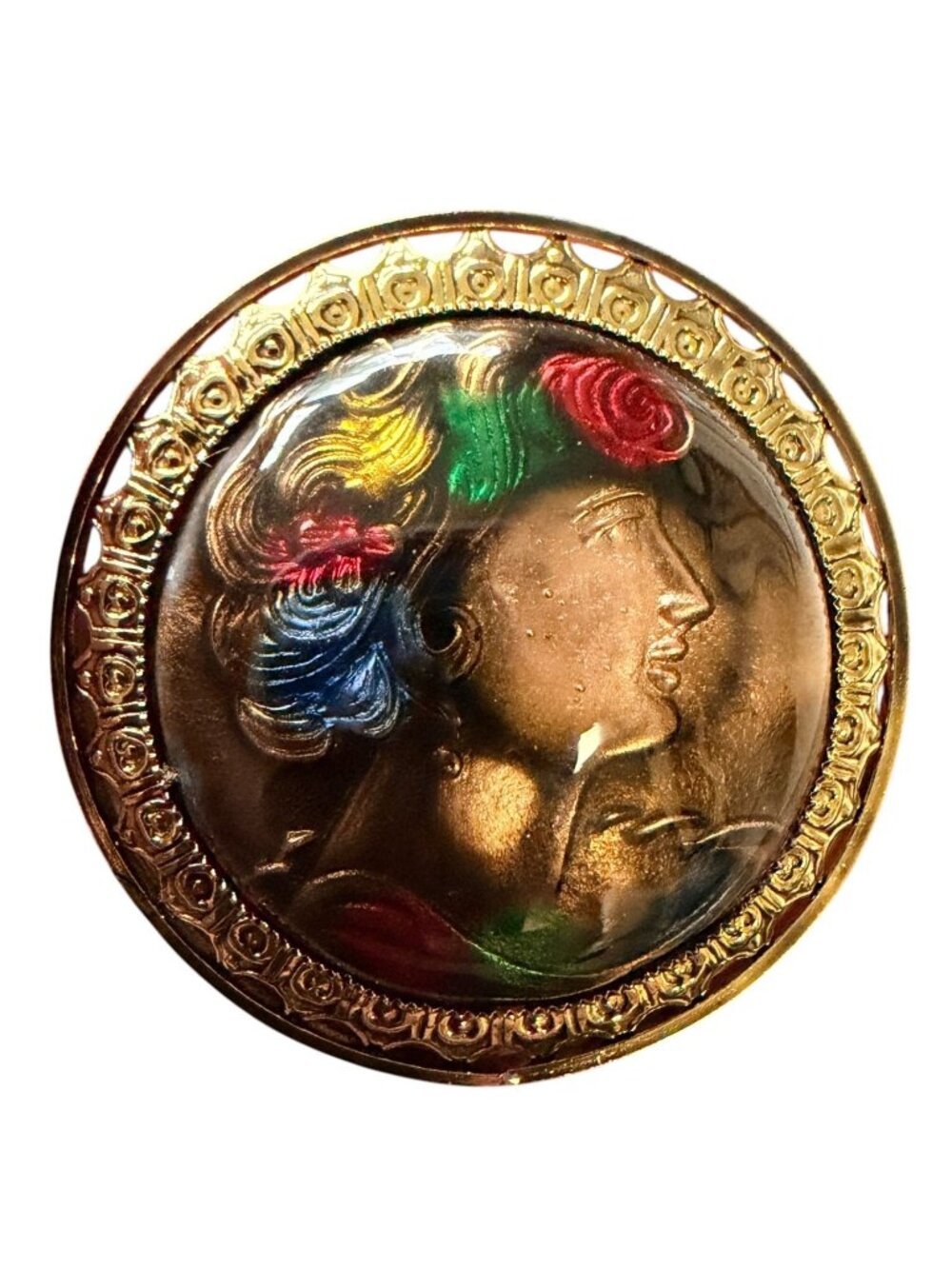 Vintage 1950s Reverse Carved Lucite Renaissance Lady Brooch New Old Stock